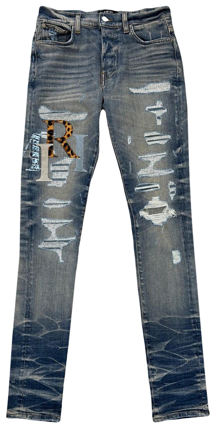 Amiri Leather Staggered Logo Jeans Vintage Indigo