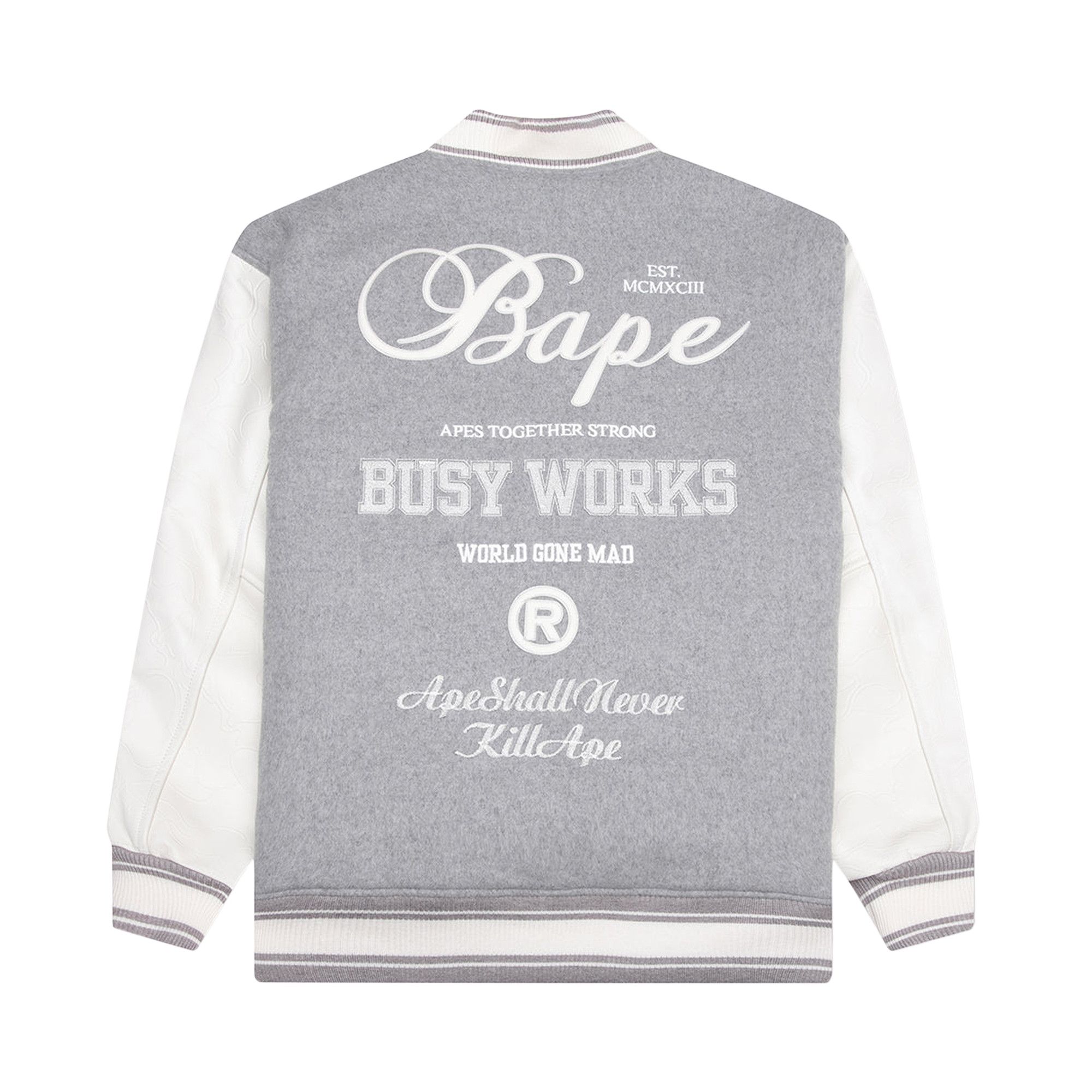 BAPE スタジャン Mサイズ グレー/ホワイト　訳あり Buy BAPE Varsity Jacket 'Grey' - 001FEA730243F GREY | GOAT