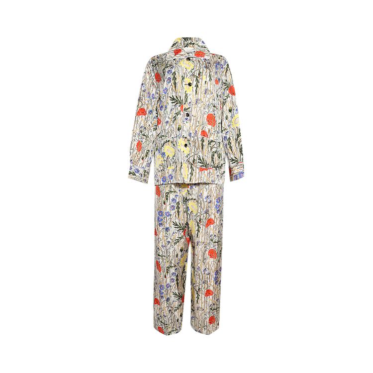 Bottega Veneta Flower Viscose And Silk Pyjama Set ChalkHibiscusKhaki