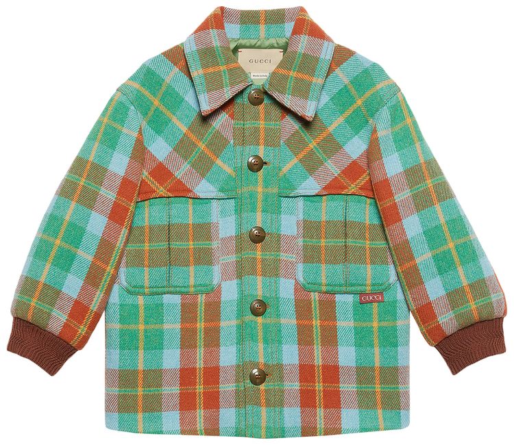 Gucci Kids Plaid Print Wool Blend Jacket Blue