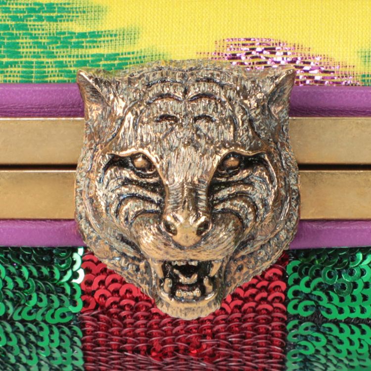Gucci Silk And Sequin Animalier Broadway Box Clutch Yellow Sun