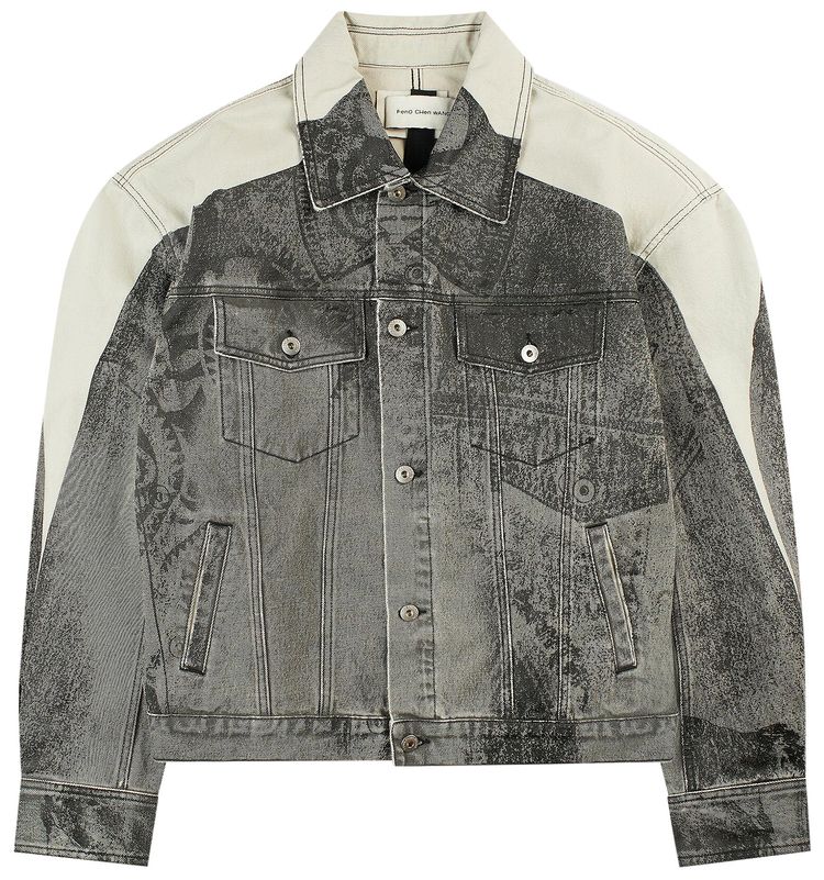 Feng Chen Wang Denim Deconstructed Printed Oversized Jacket Grey