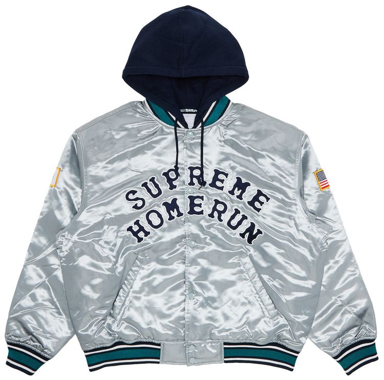Supreme x Homerun Satin Hooded Varsity Jacket Silver