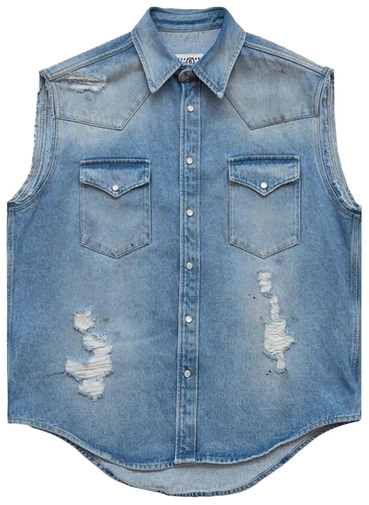 MM6 Maison Margiela Sleeveless Distressed Denim Shirt Blue