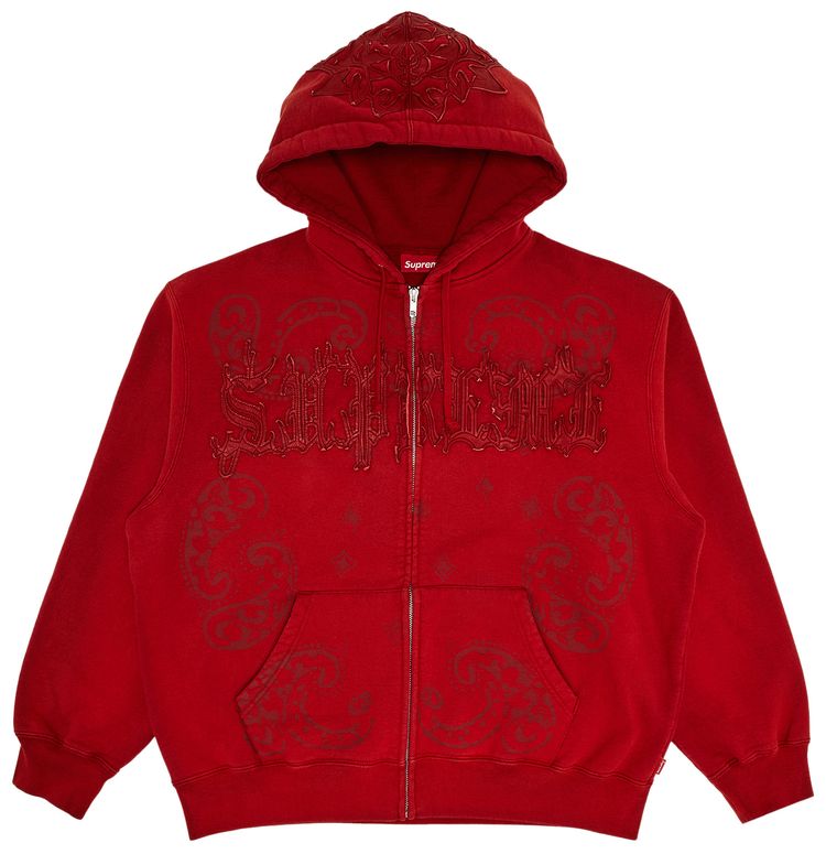 Supreme Leather Applique Zip Up Hooded Sweatshirt Burnt Red