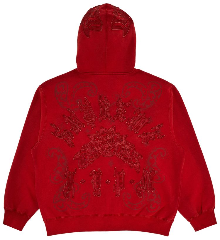 Supreme Leather Applique Zip Up Hooded Sweatshirt Burnt Red