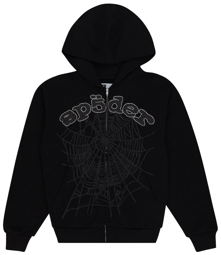 Sp5der x Young Thug Rhinestone Zip Up Hoodie Black
