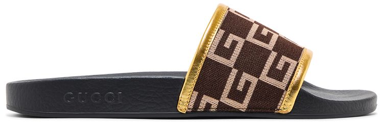 Gucci Pursuit 72 Knit Slide Brown Gold
