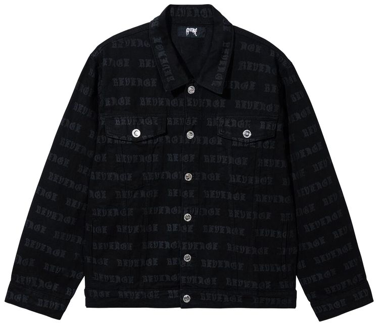 Revenge Allover Logo Denim Jacket Washed Black