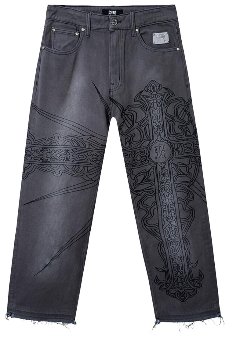 Revenge Spike Cross Embroidered Denim Pant Grey