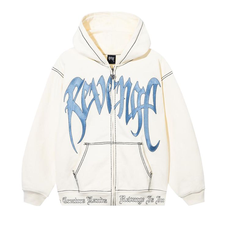 Revenge Contrast Embroidered Zip Hoodie CreamBlue
