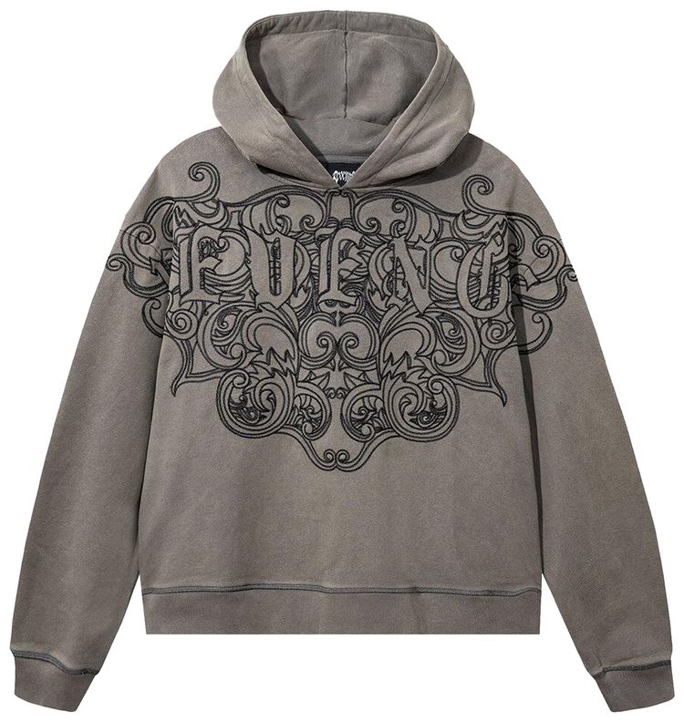 Revenge Crest Embroidered Hoodie Distressed Grey