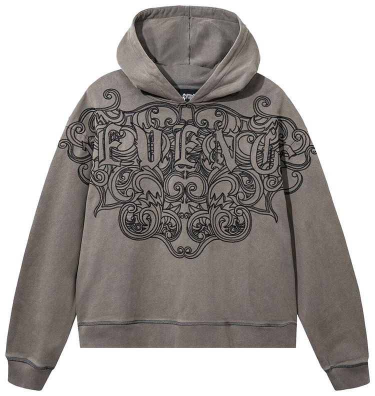 Revenge Crest Embroidered Hoodie Distressed Grey