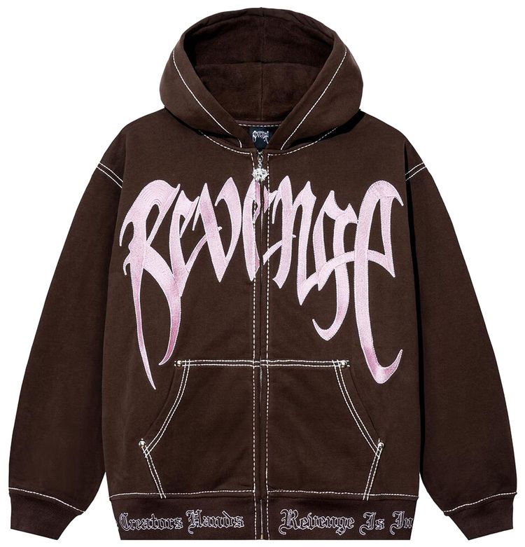 Revenge Contrast Embroidered Zip Hoodie BrownPink