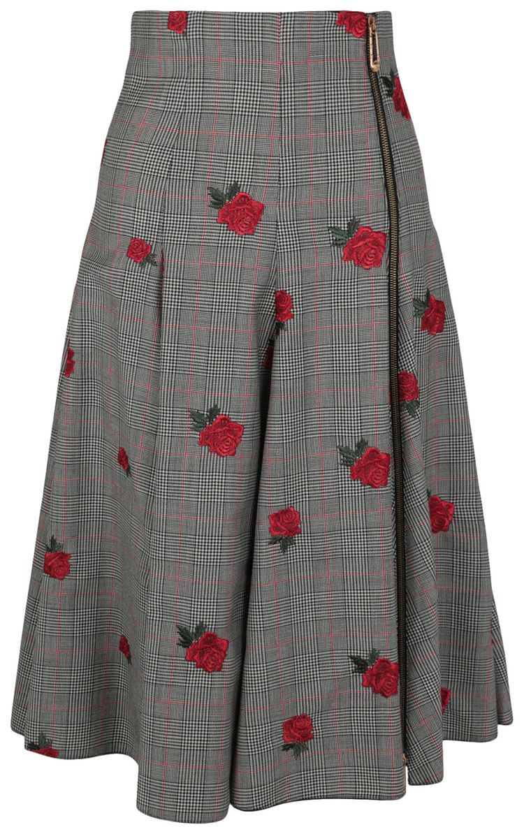 Versace Floral Embroidered Plaid Skirt Black