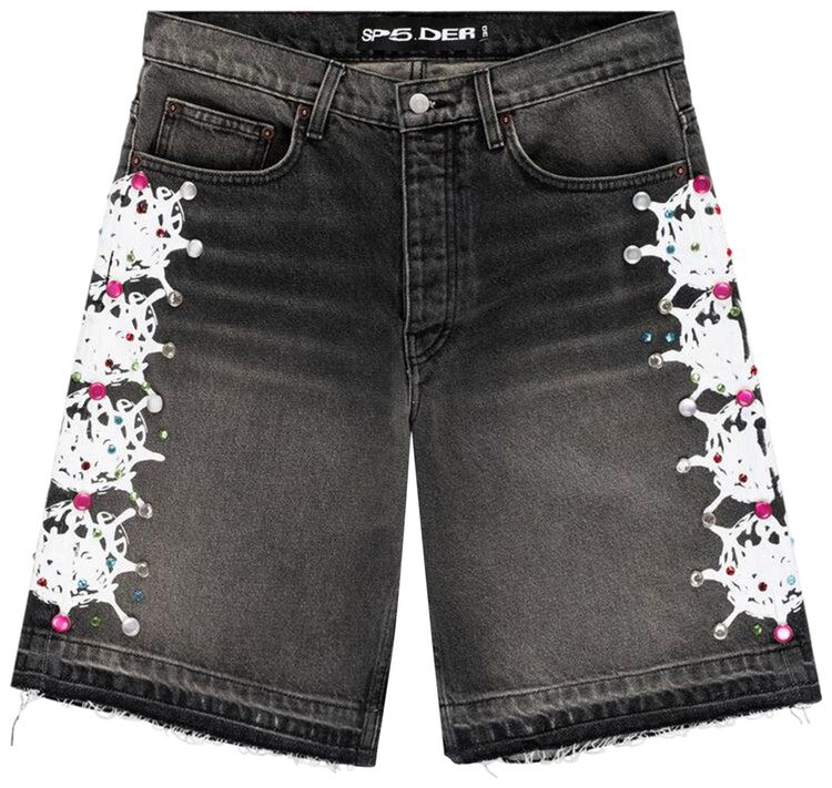 Sp5der Web Stone Denim Shorts Black Wash