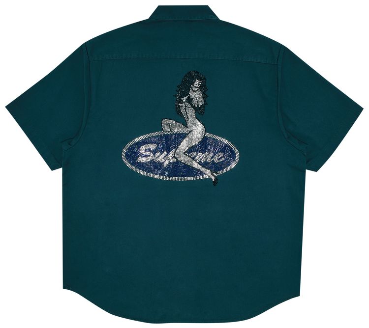 Supreme Rhinestone Pin Up Short Sleeve Work Shirt Work Green