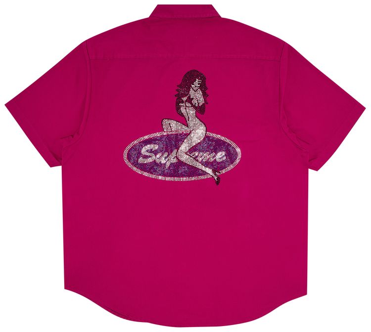 Supreme Rhinestone Pin Up Short Sleeve Work Shirt Fuchsia