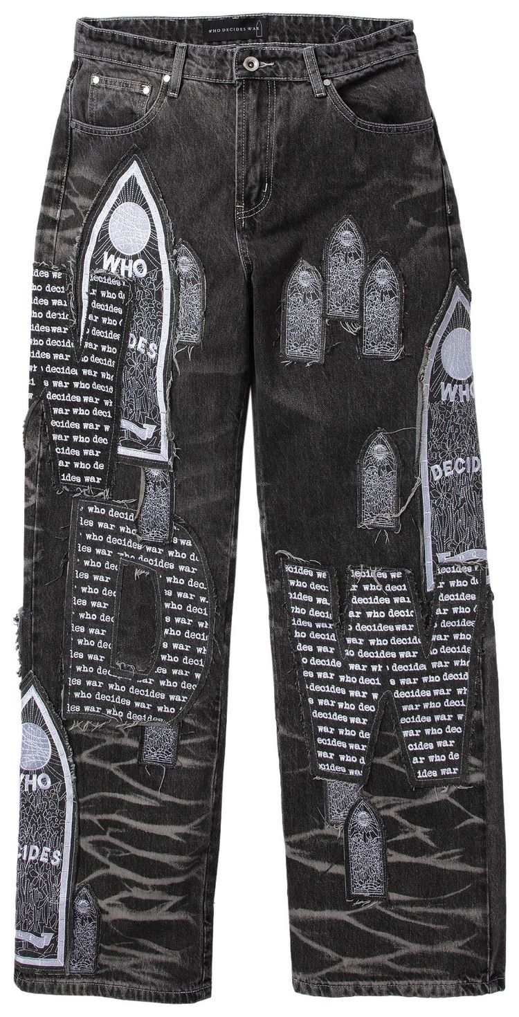 Who Decides War Motif Patched Jeans Vintage Grey