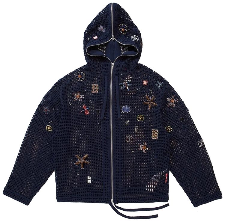 Kenzo L Elevated Crochet Embellished Full Zip Hoodie Navy