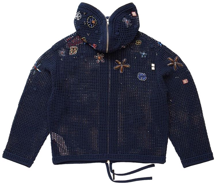 Kenzo L Elevated Crochet Embellished Full Zip Hoodie Navy