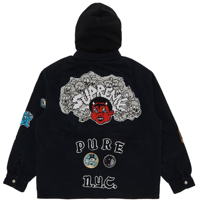Supreme Patches Hooded Zip Up Shirt Black