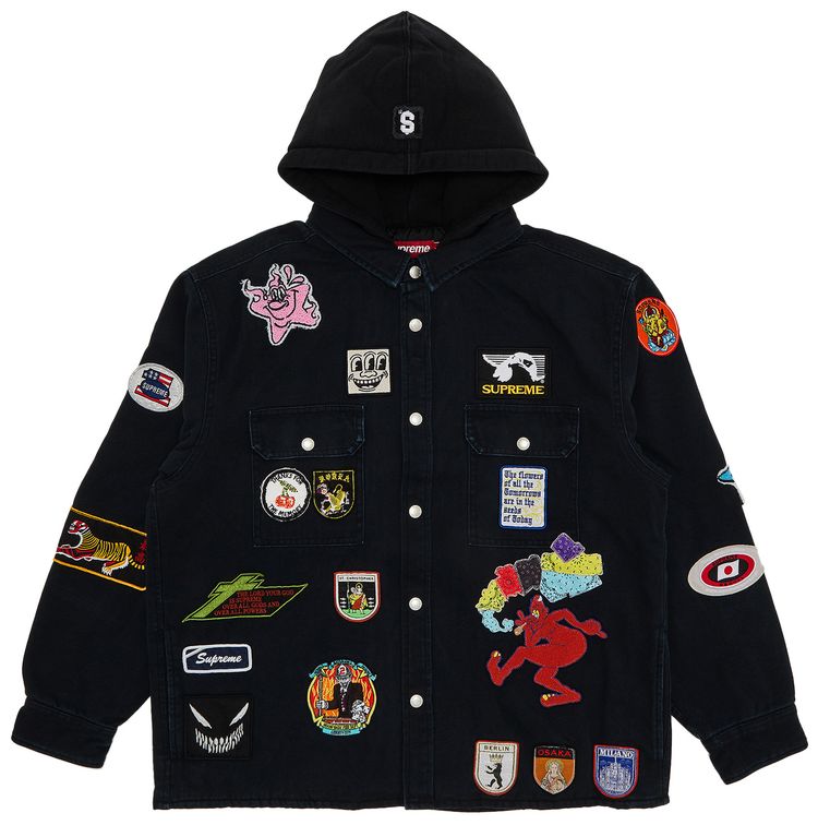 Supreme Patches Hooded Zip Up Shirt Black