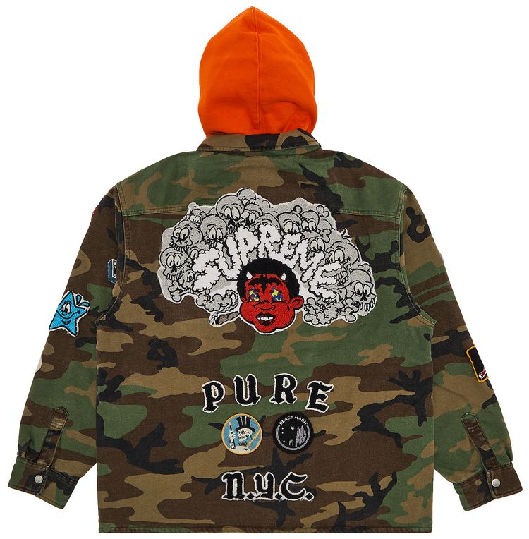 Supreme Patches Hooded Zip Up Shirt Woodland Camo