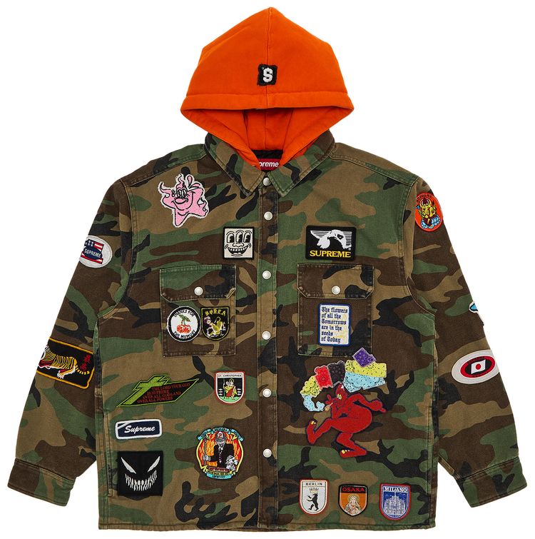 Supreme Patches Hooded Zip Up Shirt Woodland Camo