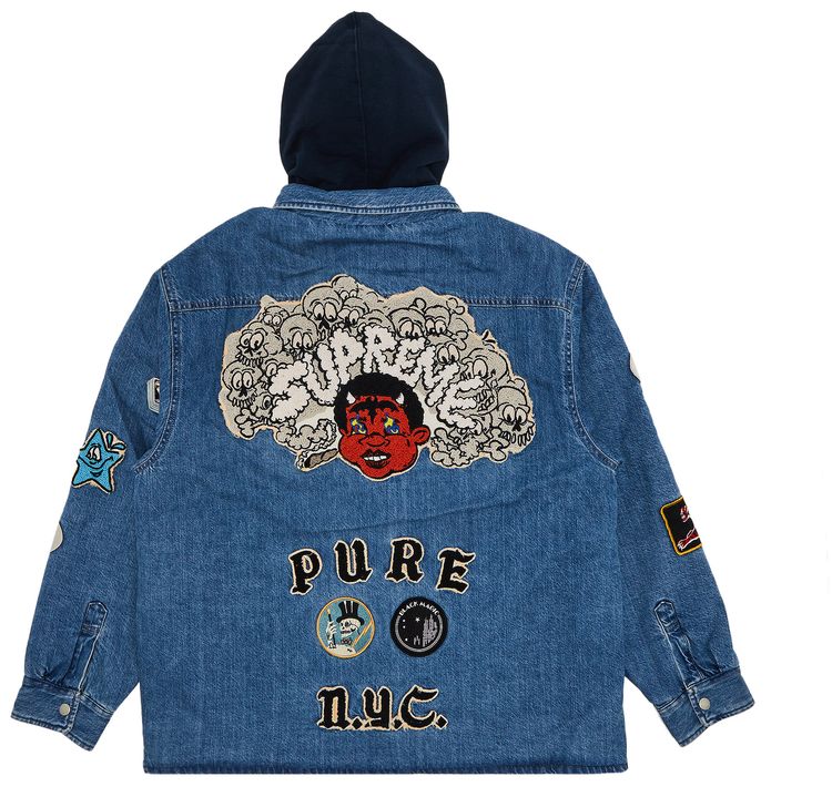 Supreme Patches Hooded Zip Up Shirt Denim