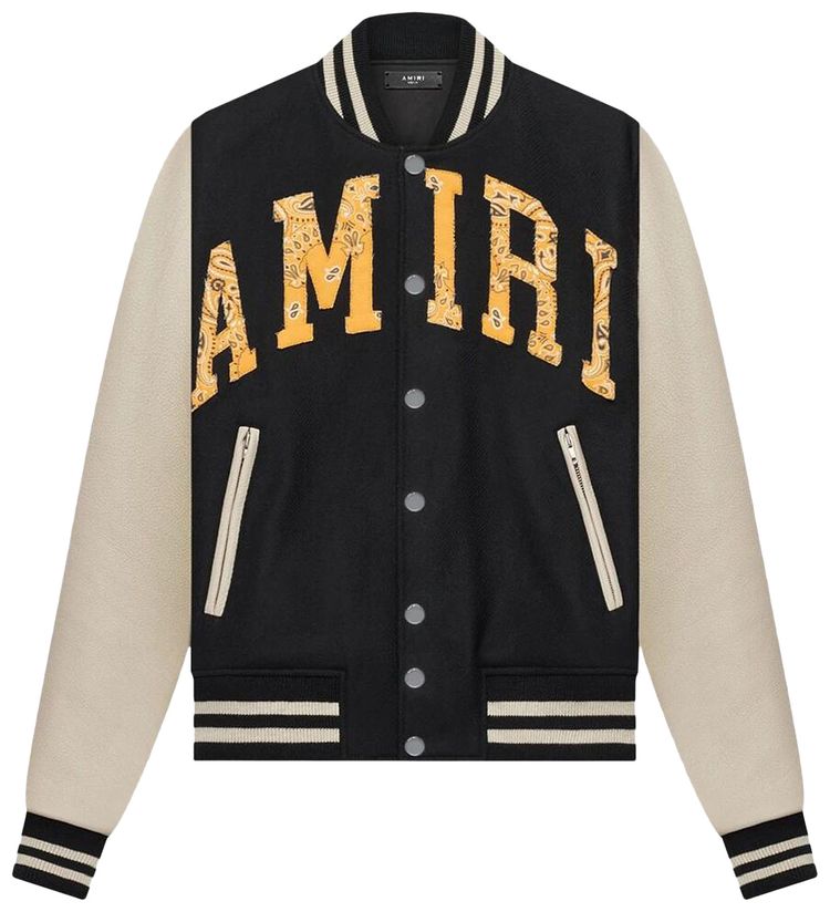 Amiri Bandana Print Logo Applique Varsity Jacket Black