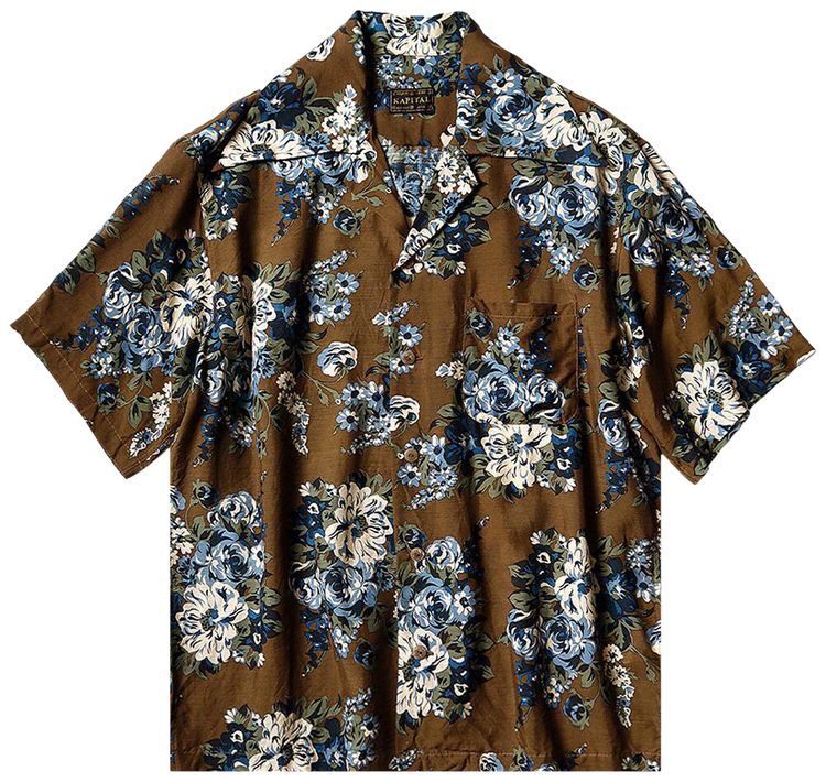 Kapital Silk Rayon Champetre Maria Wrangle Collar Aloha Shirt Brown Khaki