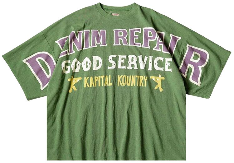 Kapital Jersey Huge T Shirt Denim Repair Green