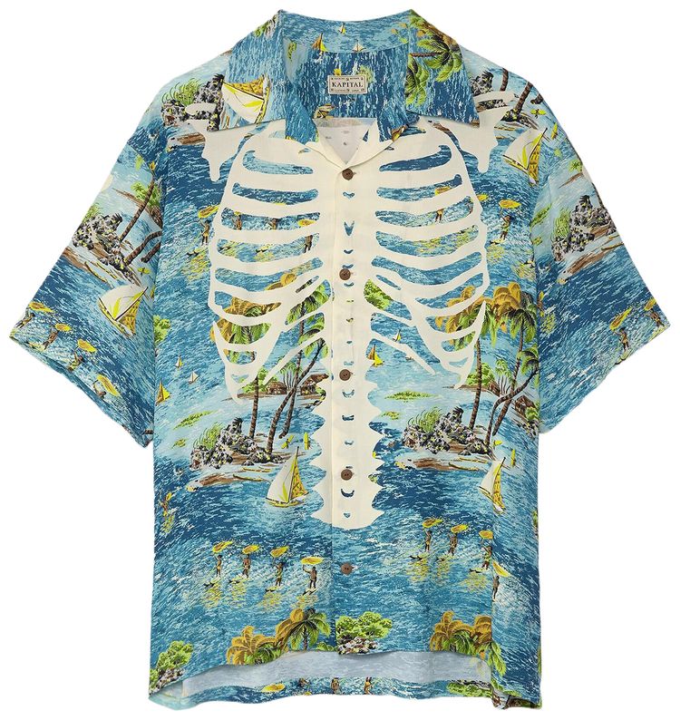 Kapital Rayon Kamekameha Bone Aloha Shirt Blue