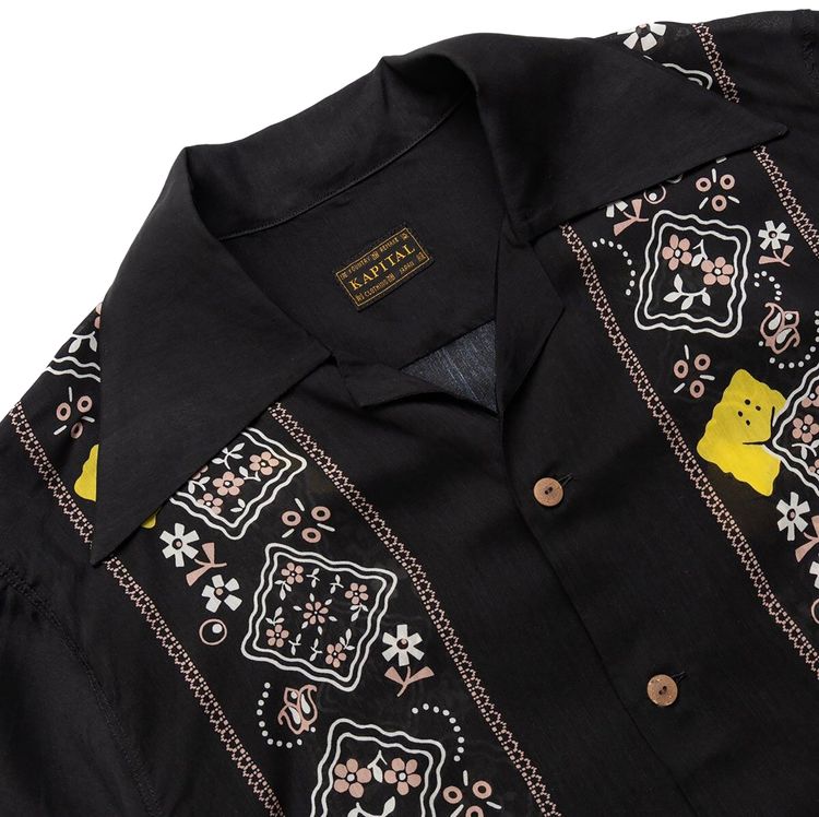 Kapital Silk Rayon Peckish Rainbowy Wrangle Collar Cuba Shirt Black