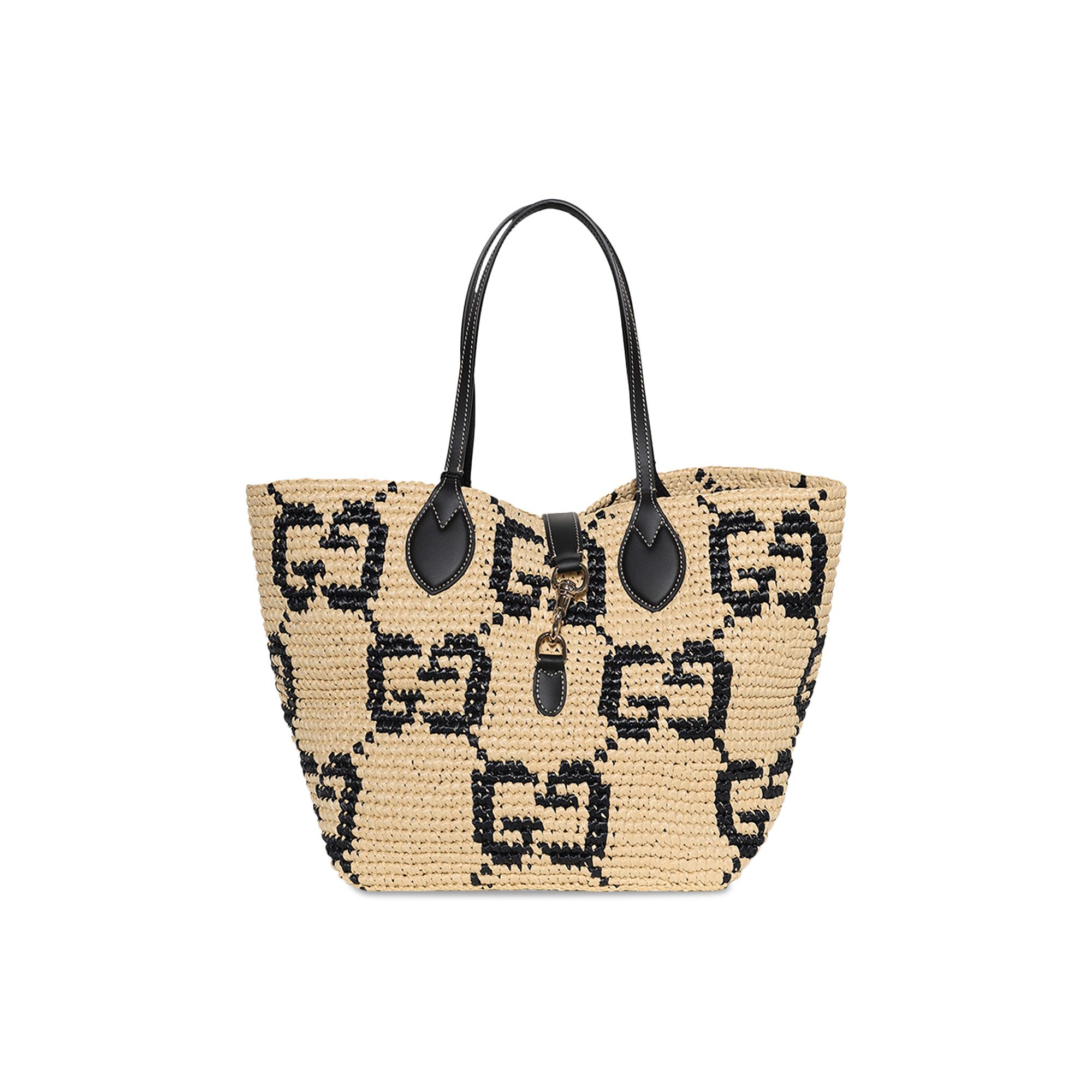 Buy Gucci Woven Medium Tote Bag 'Natural/Black' - 818222 9AAGM