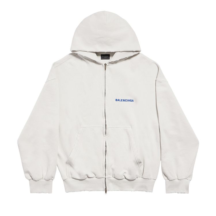 Balenciaga Logo Embroidered Zip Up Hoodie Dirty WhiteSport Blue