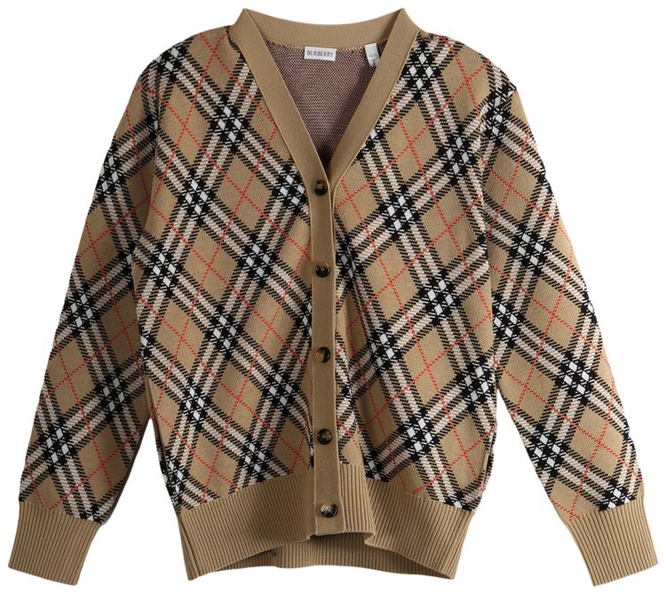 Burberry Checkered Button Up Knit Cardigan Sand