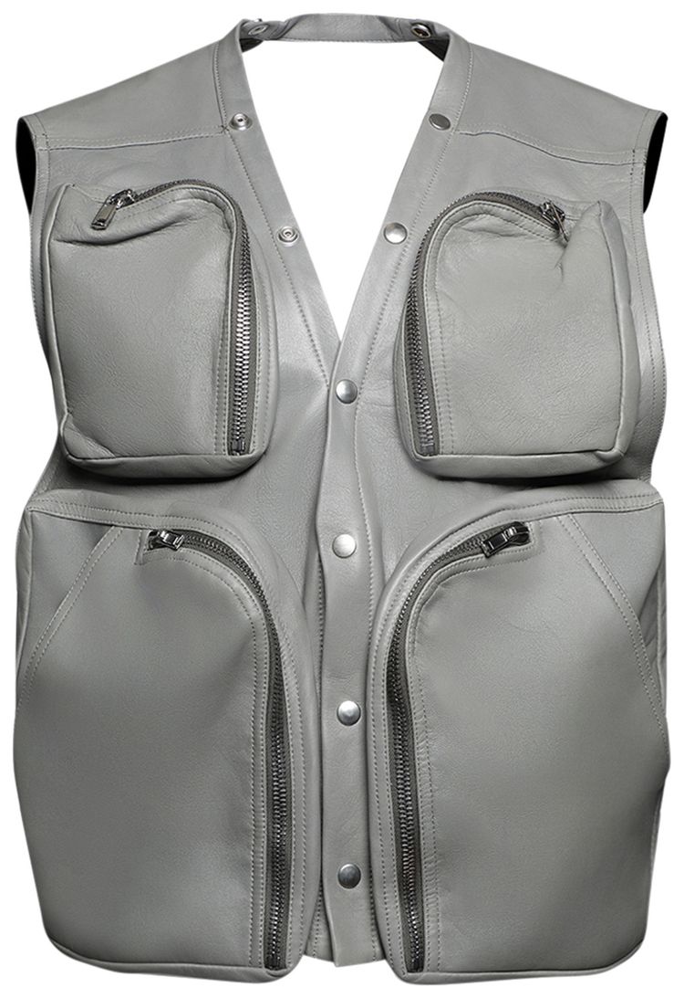 Rick Owens Leather Padded Cargo Vest Washed Indigo