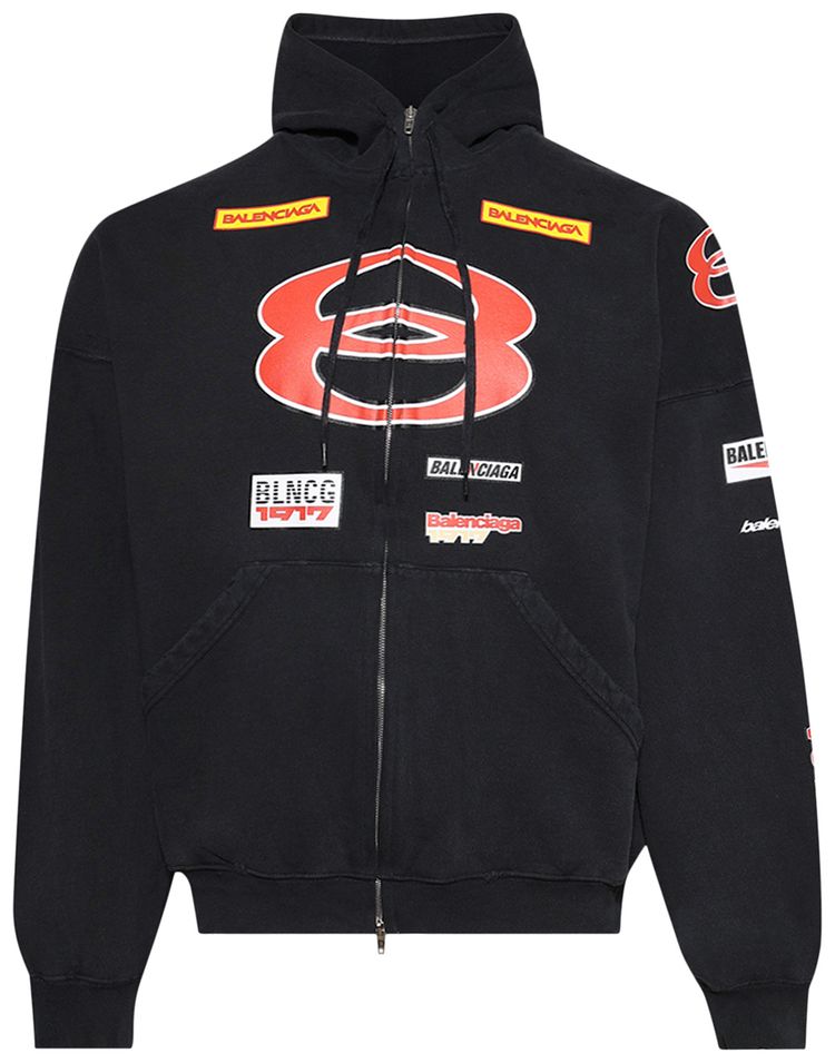 Balenciaga Sponsor Logos Zip Up Hoodie Faded Washed Black
