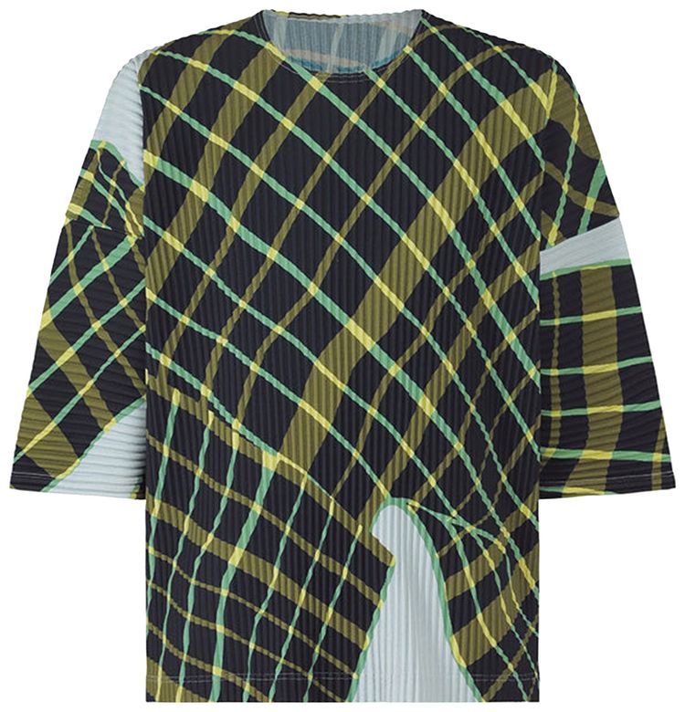 Homme Plisse Issey Miyake Windswept Plaid Short Sleeve T Shirt Blue Grey