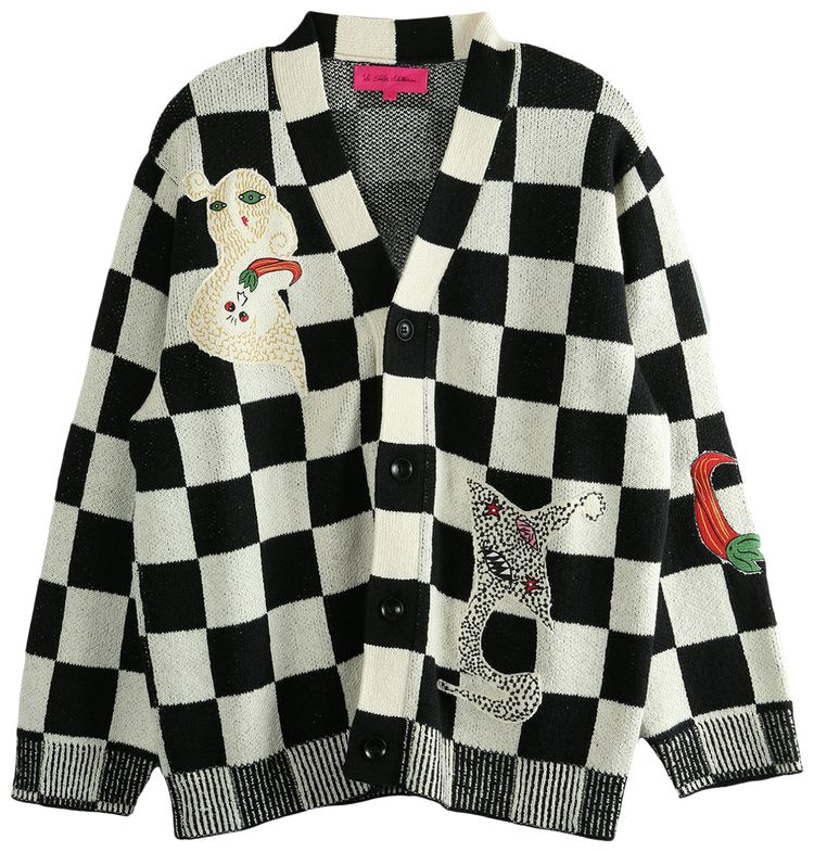 The Elder Statesman Nora Lite Creatures Cardigan BlackNatural Check