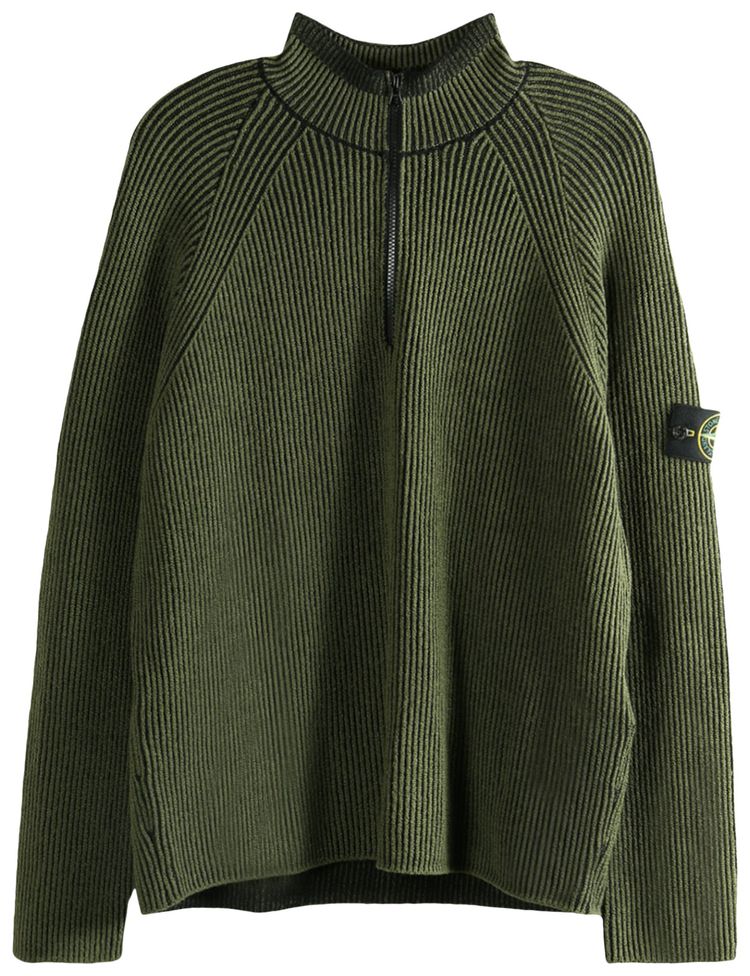 Stone Island Long Sleeve Half Zip Ribbed Polo Shirt Military Green