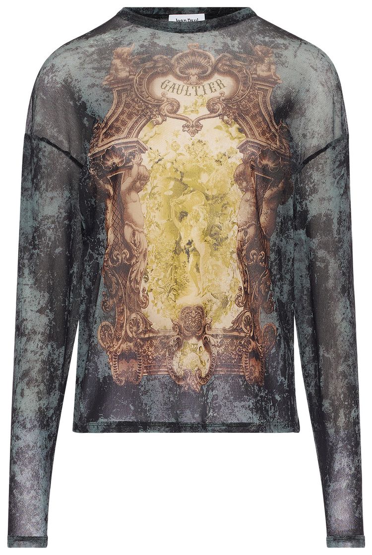 Jean Paul Gaultier Medaillon Printed Mesh Oversized Crewneck Top Black