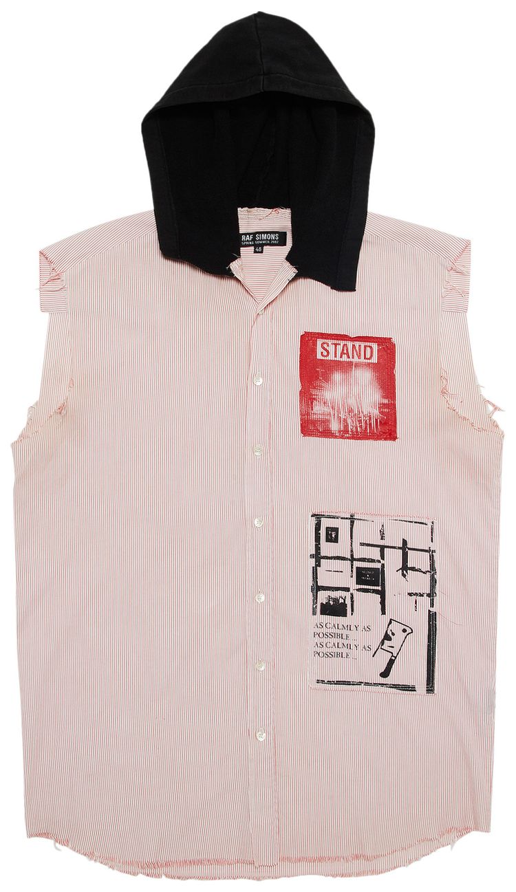 Raf Simons Plaid Sleeveless Hooded Shirt RedWhiteBlack