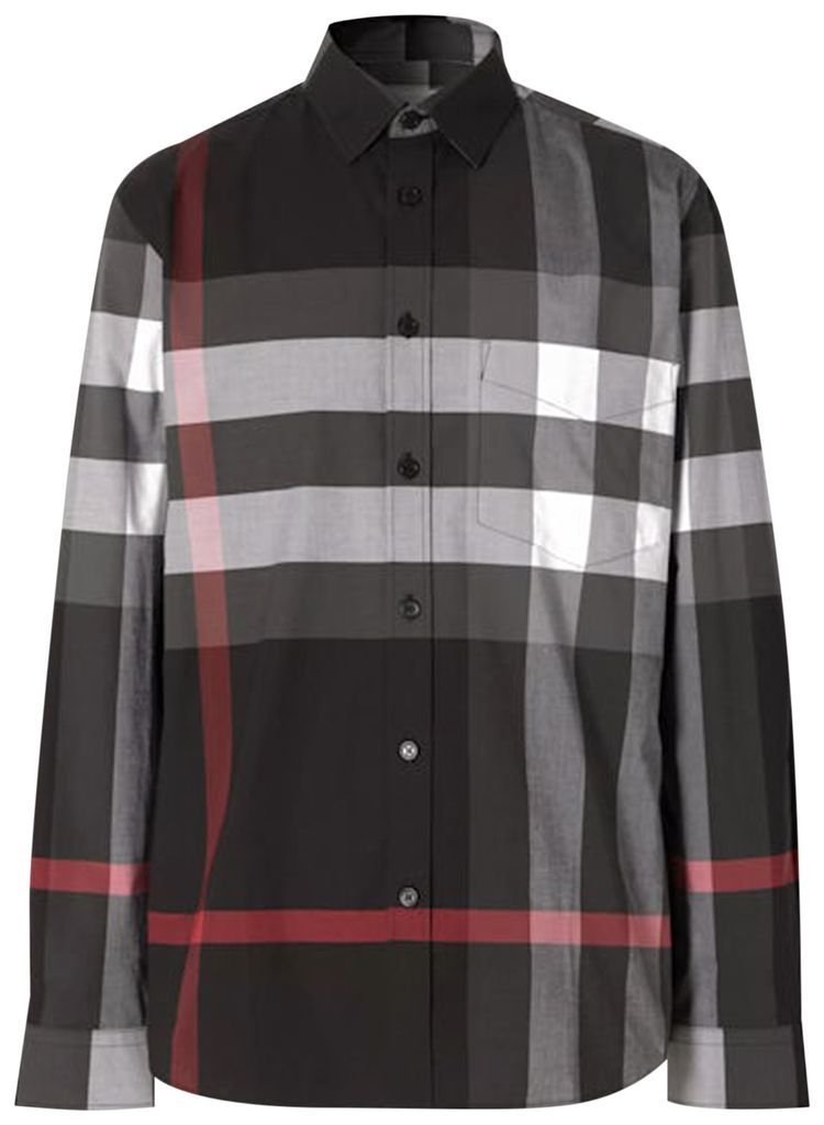 Burberry Check Stretch Cotton Poplin Shirt Charcoal