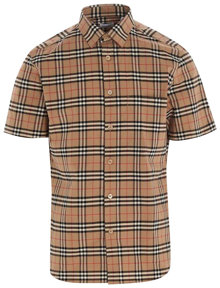 Burberry Small Scale Check Stretch Cotton Short Sleeve Shirt Archive Beige