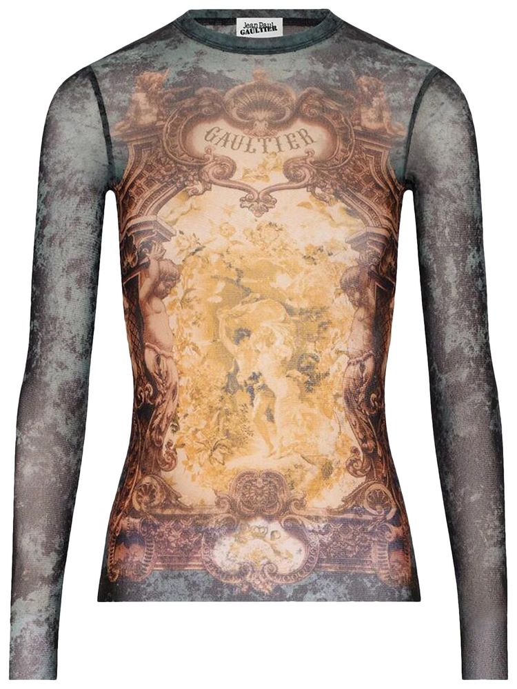 Jean Paul Gaultier Mesh Long Sleeve Top Printed Medaillon BlackVintage BlueGreen