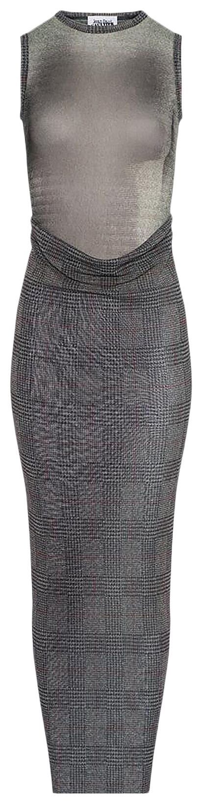 Jean Paul Gaultier Mesh Long Dress Double Layer Printed Body Shadow And Prince Of Wales Light GreyVanillaRed