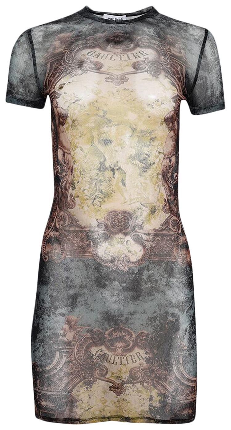Jean Paul Gaultier Printed Medaillon Mesh Short Dress BlackVintage BlueGreen